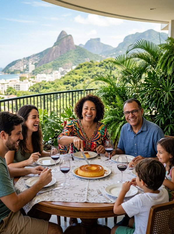 Família cortando pudim