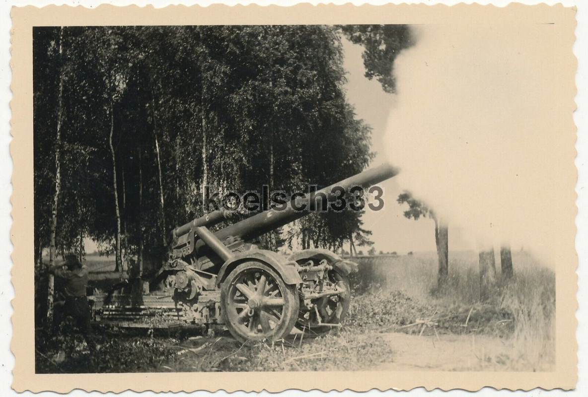 Foto 21cm Mörser feuert aus einem Wald an der Ostfront ! Wehrmacht Artillerie !!