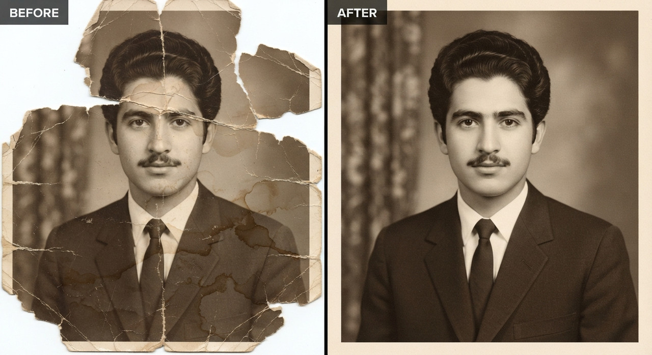 AI-generated example result for the upscaling prompt: Ripped Old Photograph Full Repair Old Image to New Image by Prompt Craft
