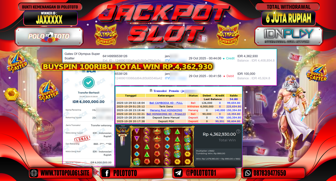 POLOTOTO JACKPOT SLOT GATES OF OLYMPUS SUPER SCATTER Rp.6.000.000,- LUNAS