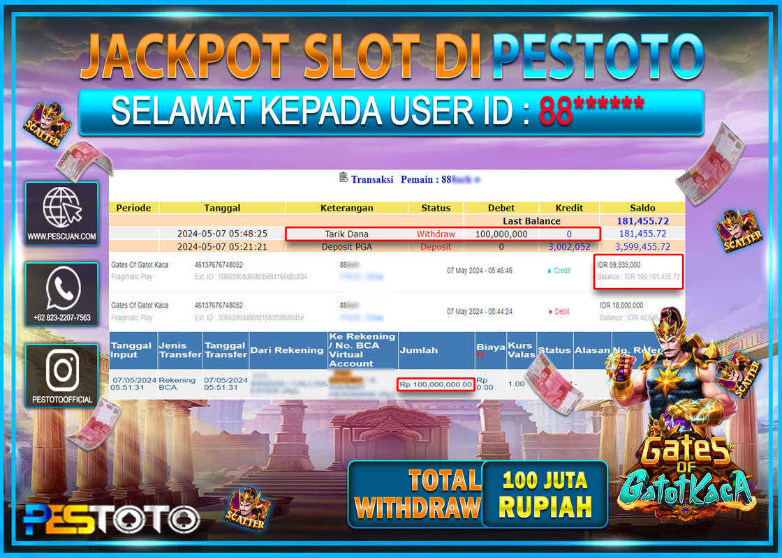 HANYA DI PESTOTO JP PASTI DI BAYAR LUNAS DAN CEPAT!!!!!! JP SLOT{ GATES OF GATOT KACA } Rp.100.000.000 !!!!!