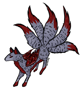 winged five-tailed fox coloured to look like Almandine with grey-blue jaguar pattern, constellation wings and glimmer underbelly, tailtips, paws, and ear fluff.