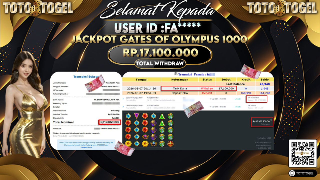 Bukti Pembayaran Jackpot Permainan Slot Gates Of Olympus 1000 ID:FA*****LUNAS