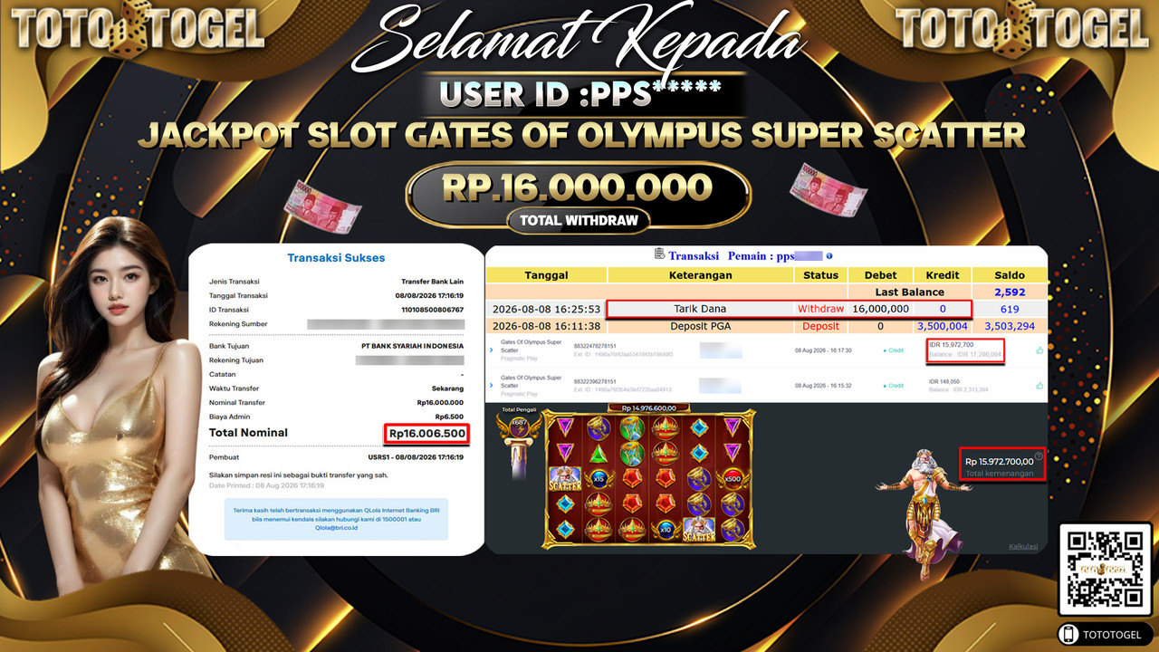 Bukti Pembayaran Jackpot SLOT GATES OF OLYMPUS SUPER SCATTER ID:PPS**** LUNAS
