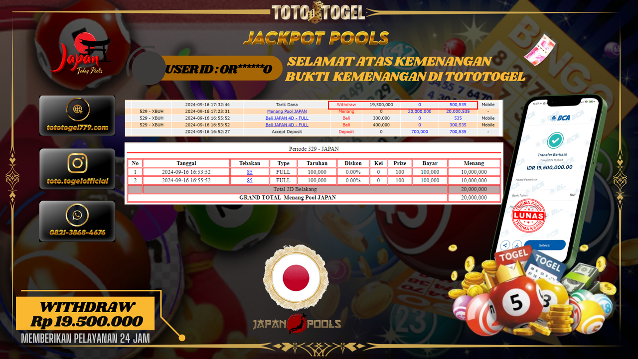 Bukti Kemenangan Permainan Togel Japan Pools Dengan ID : OR****0  Terbayar Lunas!!