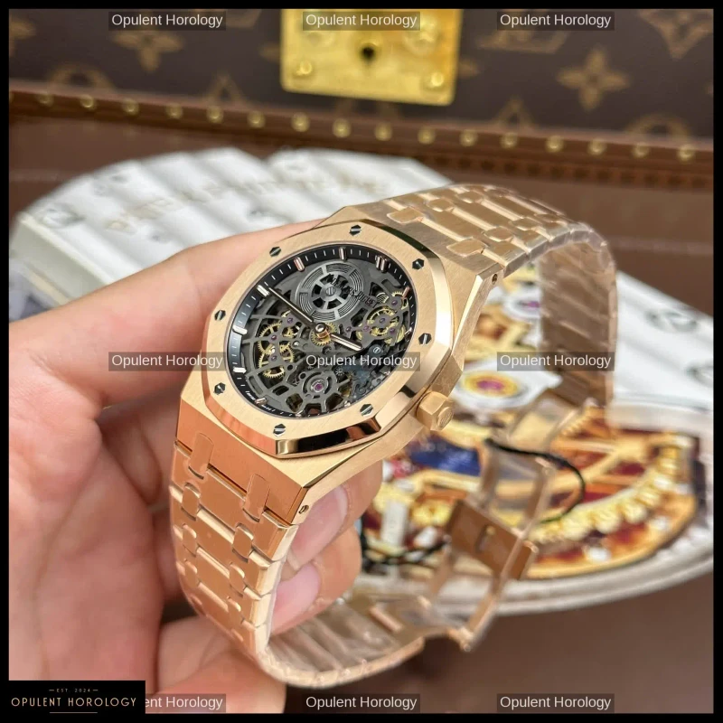 Audemars Piguet Royal Oak Jumbo Extra-Thin Openworked 16204 Rose Gold Skeleton Dial 39mm