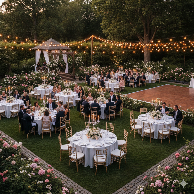 Сервированный круглый банкетный стол для свадьбы на природе с белой скатертью и декором
