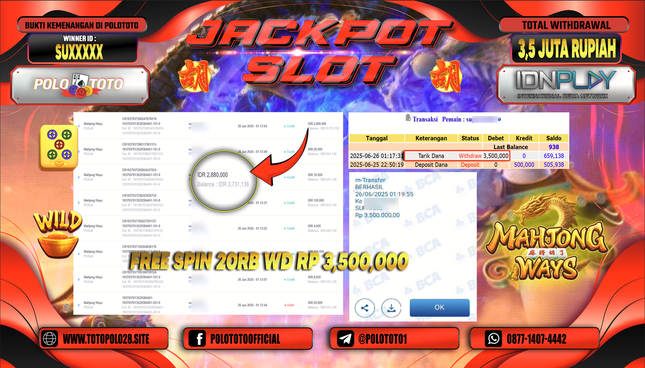 POLOTOTO JACKPOT SLOT MAHJONG WAYS Rp.3.500.000,-