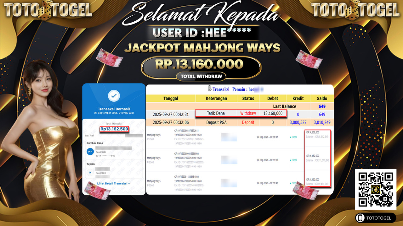 Bukti Pembayaran Jackpot Permainan Slot Mahjong Ways ID:HEE*** LUNAS