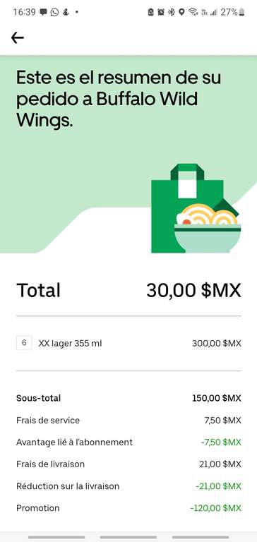 Uber Eats: Six pack cerveza XX En Bufalo Wild Wings con Uber One 
