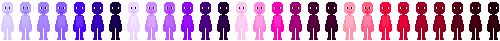 arms down, small, mostly purple and red skin tones