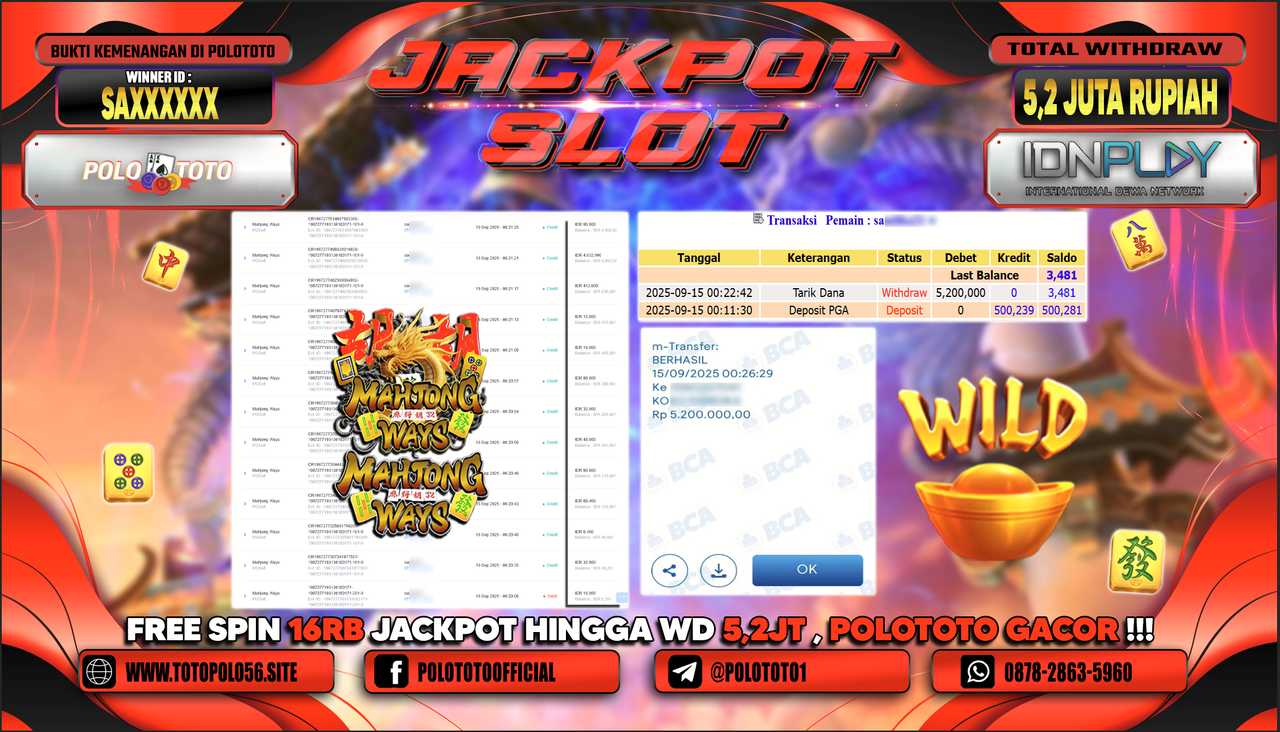 POLOTOTO JACKPOT SLOT MAHJONG WAYS Rp.5.200.000,-