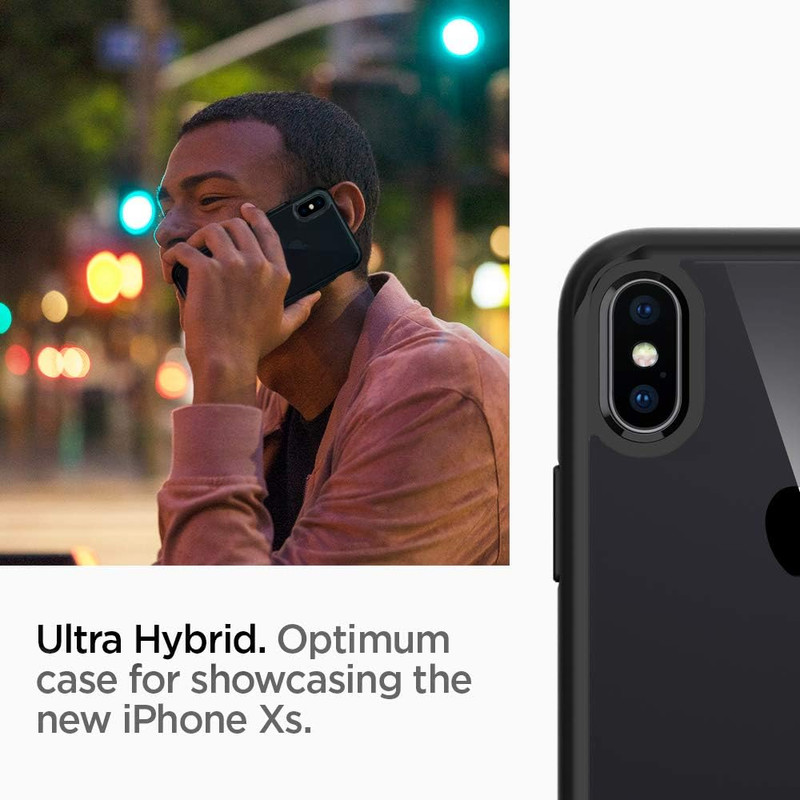 Forro Spigen Ultra Hybrid en un iPhone Xs, mostrando su parte trasera transparente y bumper negro.
