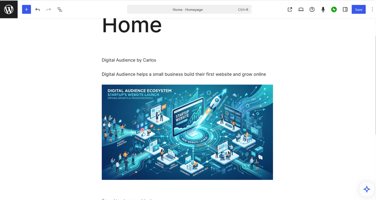 Homepage built in the WordPress.com block editor, showing a heading, paragraph, image, and button block