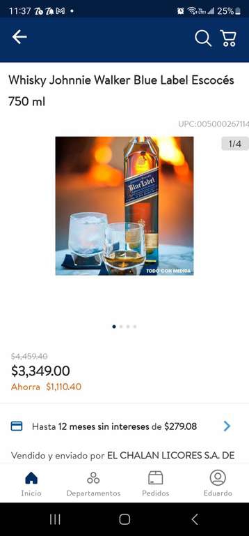 Walmart: Whisky Johnnie Walker Blue Label 750 ml $3,349.0 
