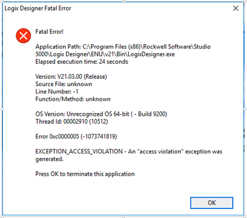 RSLogix 5000 (v20) - Fatal Error after install