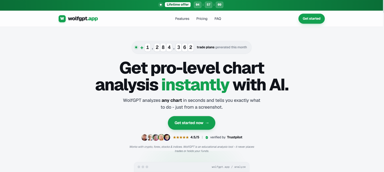 WolfGPT homepage showing pro-level AI chart analysis instantly &mdash; rated 4.5/5 on Trustpilot