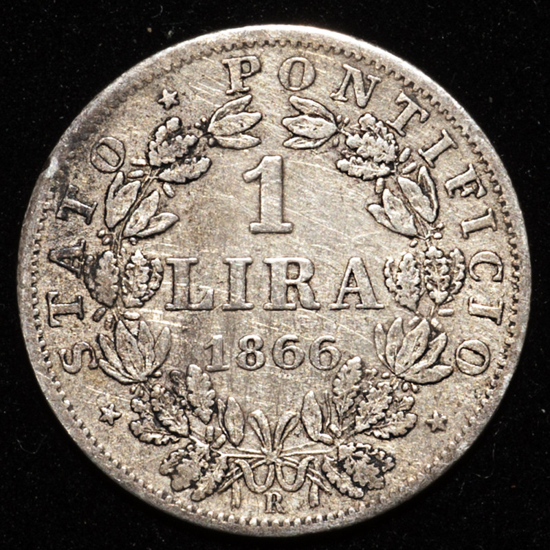 1 lira Pio IX. Estado Pontificio 1866. Dedicada a 10 pfennig. PAS6597