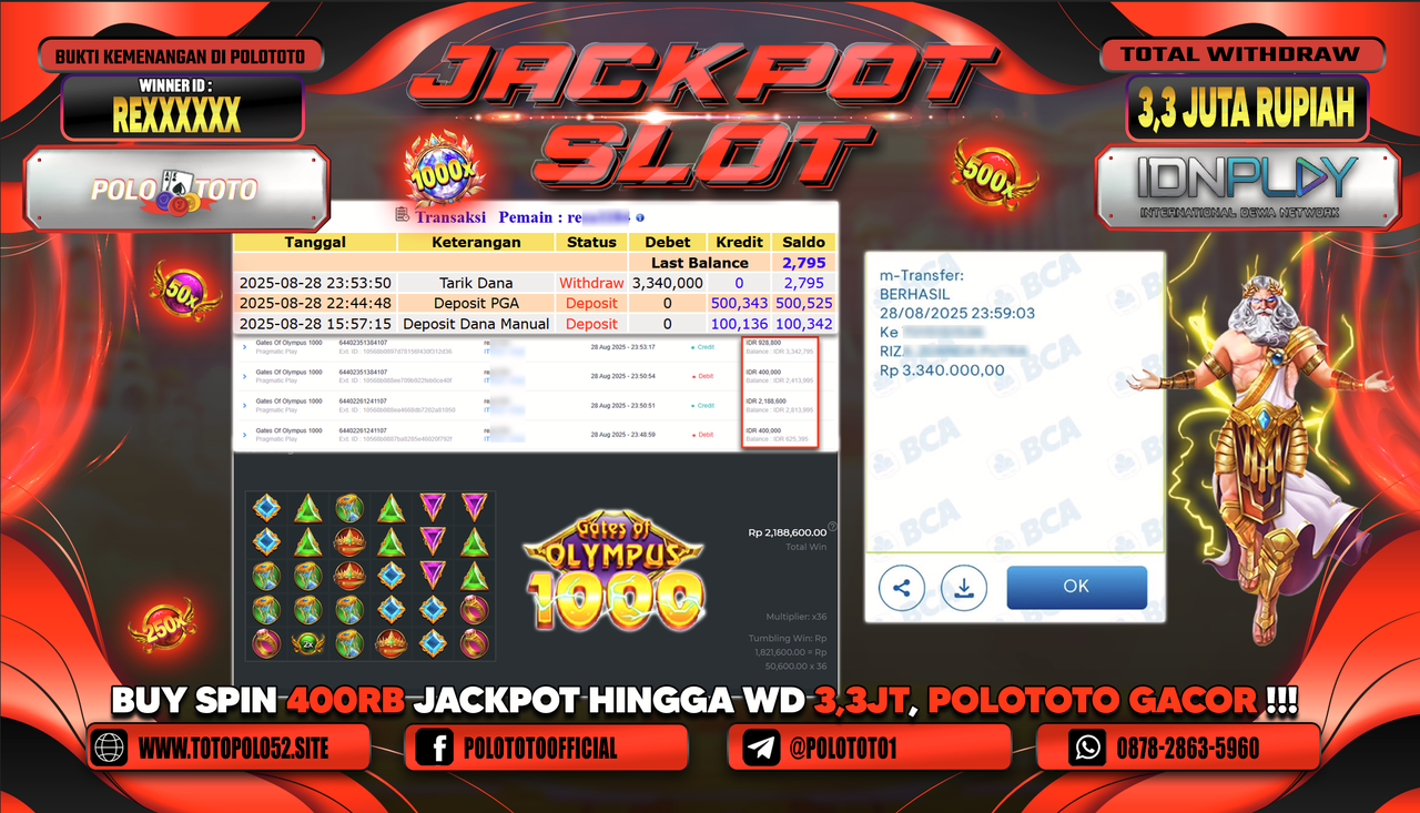 POLOTOTO JACKPOT SLOT GATES OF OLYMPUS 1000 Rp.3.340.000,-
