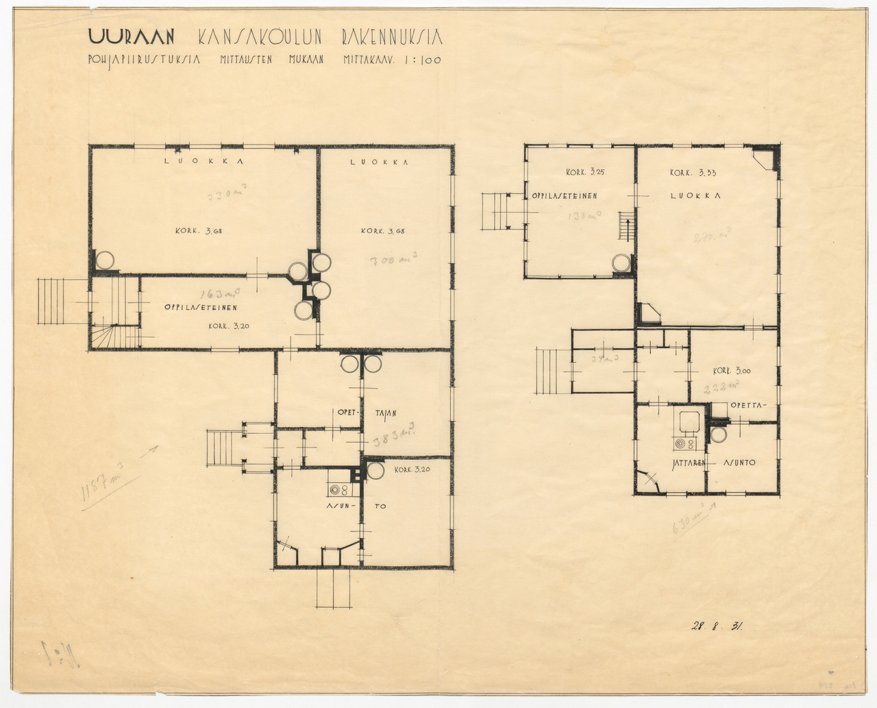 Viipurin maistraatin arkisto Icb 214 Uuraan kansakoulu pohjapiirustuksia 1 1931 1931 Tiedosto 1