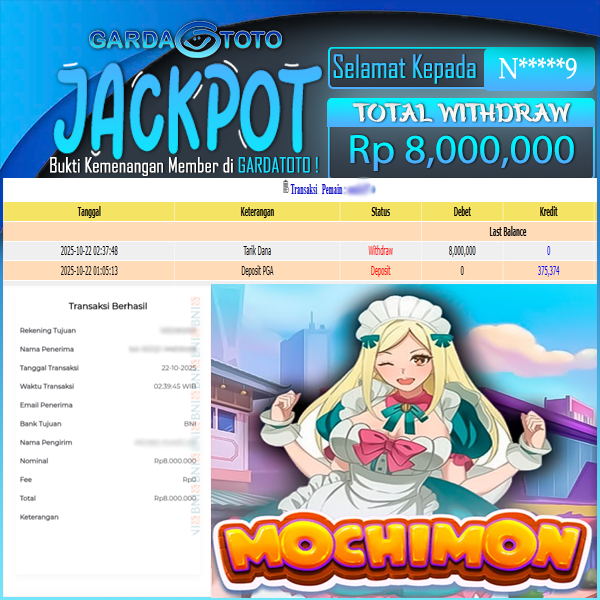 JACKPOT DI PERMAINAN SLOT MOCHIMON WD Rp 8.000.000,- DIBAYAR LUNAS GARDATOTO MANTAP !
