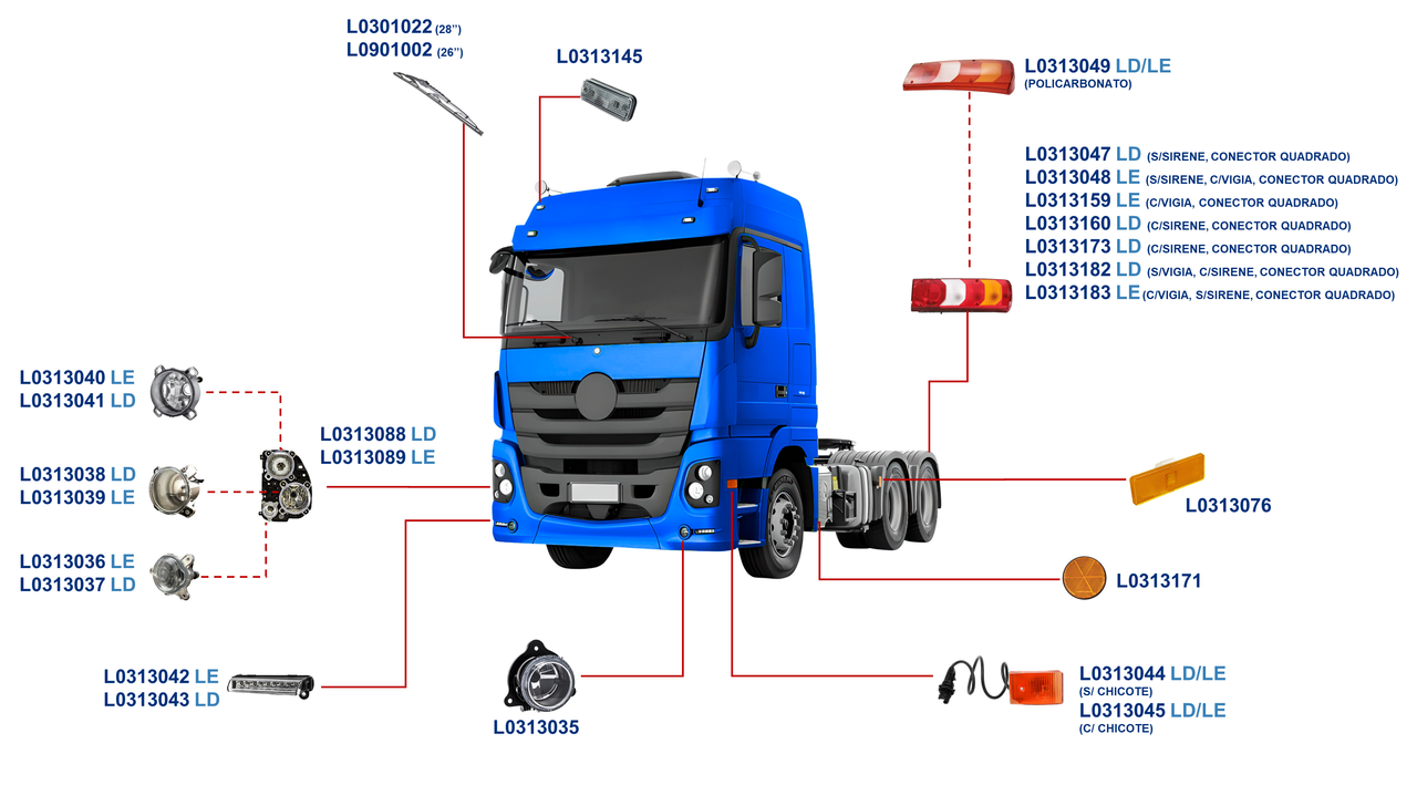 MERCEDES-BENZ -ACTROS CABINE ALTA 2016 A 2019-2546, 2651-OM460, OM501-G330-12-ILUMINAÇÃO E LIMPADOR PERFIL
