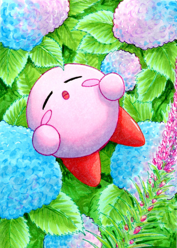 kirby-sleeping-in-hydrangeas-atc-by-kaiz