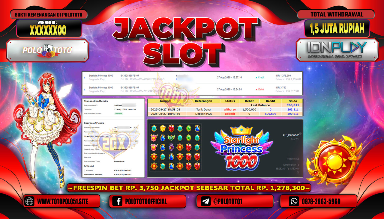 POLOTOTO JACKPOT SLOT STARLIGHT PRINCESS 1000 Rp.1.500.000,- LUNAS