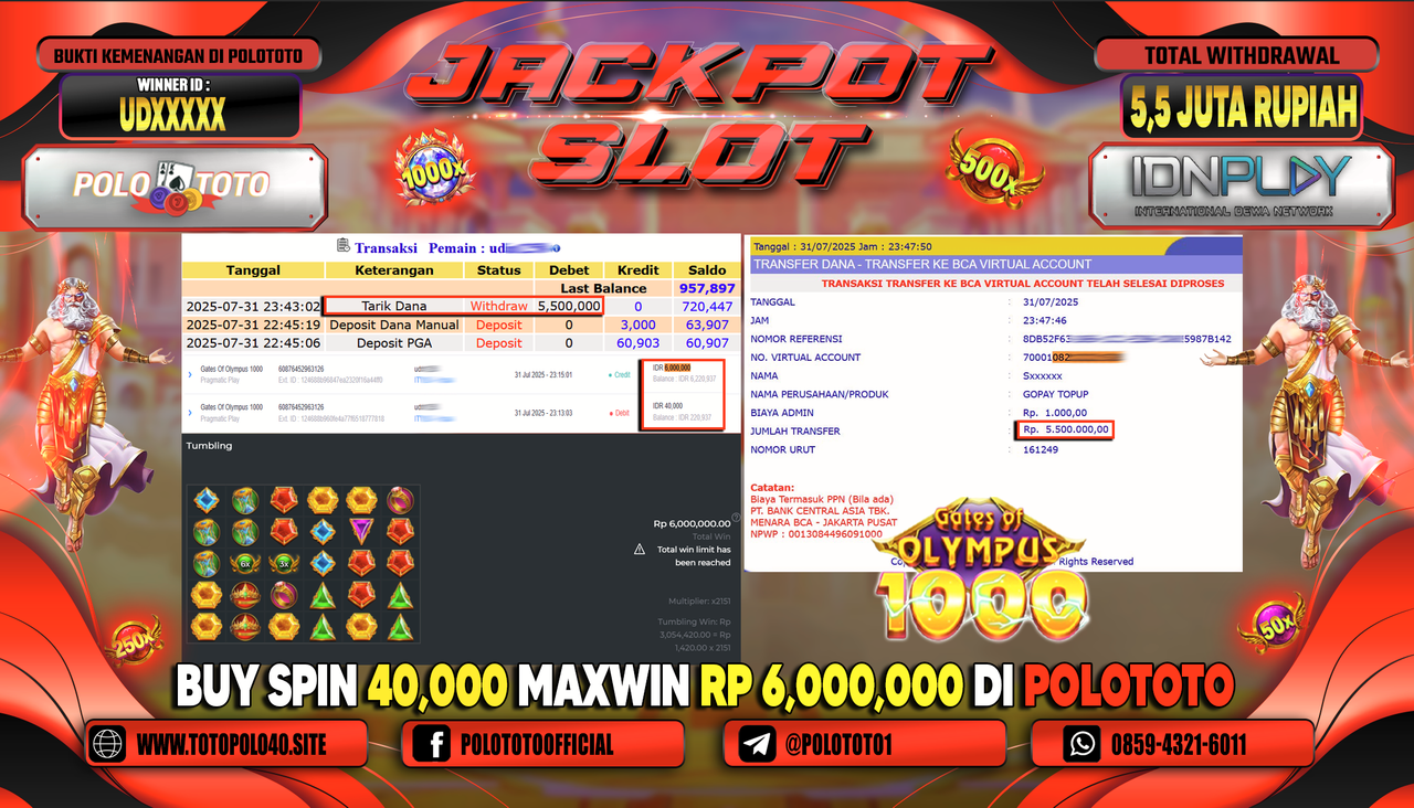 POLOTOTO JACKPOT SLOT GATES OF OLYMPUS 1000 Rp.5.500.000,-LUNAS