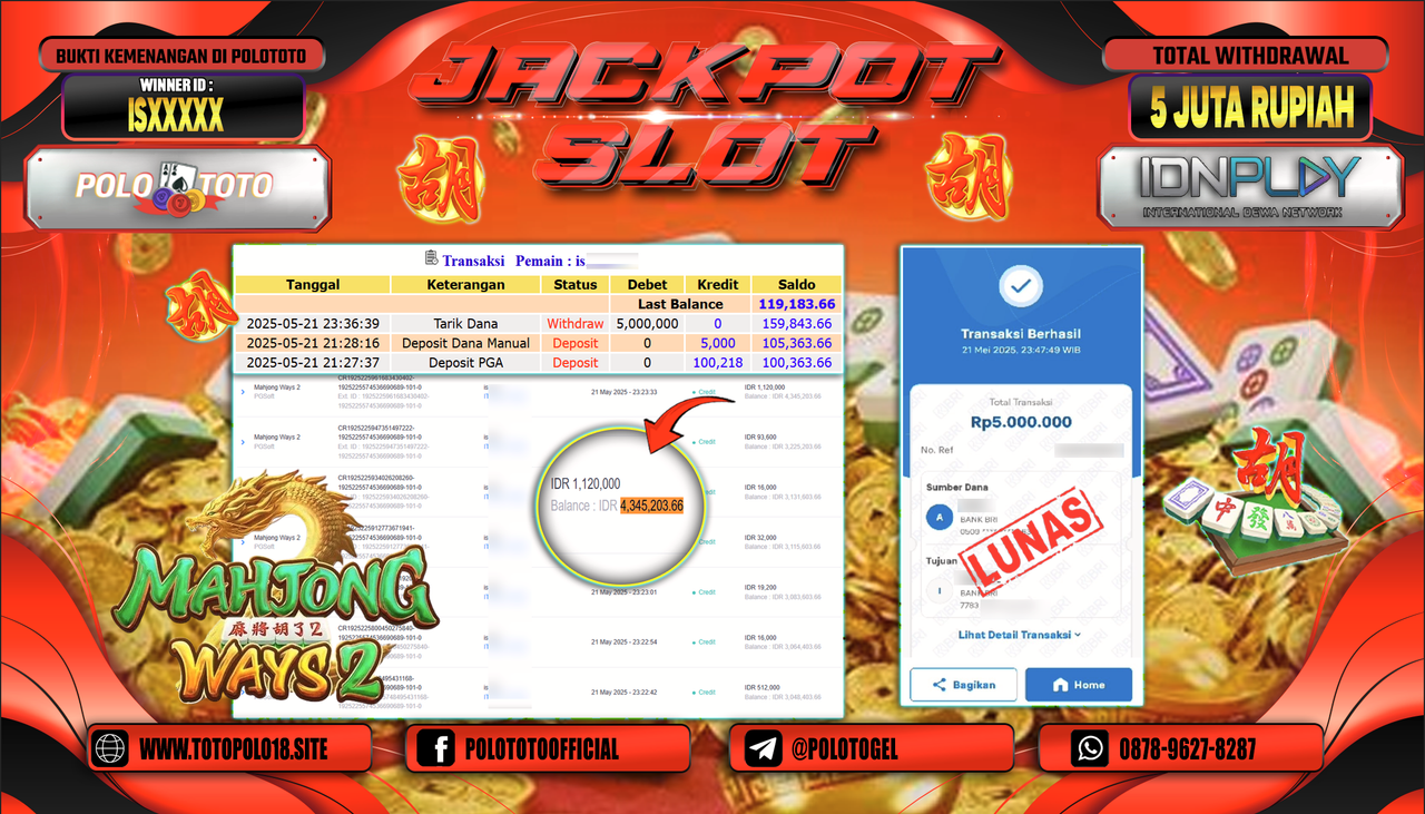 POLOTOTO JACKPOT SLOT MAHJONG WAYS 2 Rp.5.000.000,-