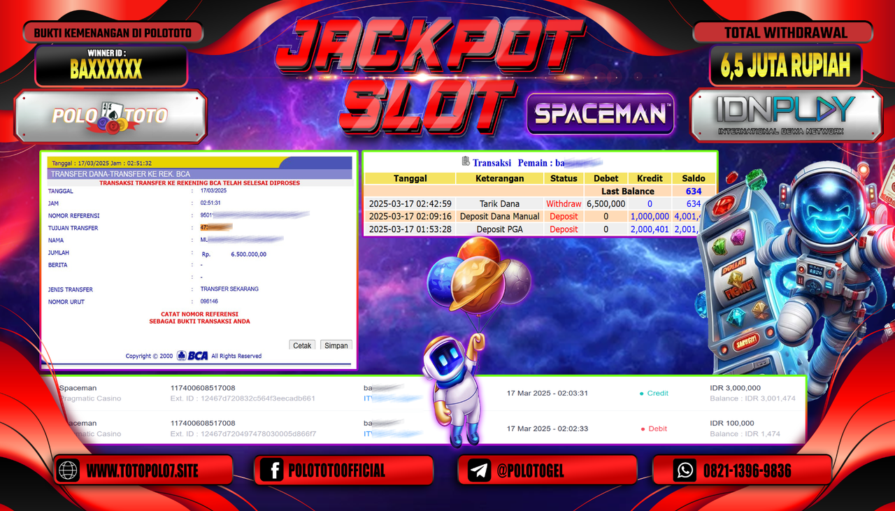 POLOTOTO JACKPOT SLOT SPACEMAN Rp.6.500.000,-