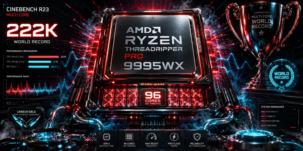 Ryzen Threadripper PRO 9995WX: O Monstro de 96 Núcleos da AMD Quebra 8 Recordes Mundiais com 222K no Cinebench R23