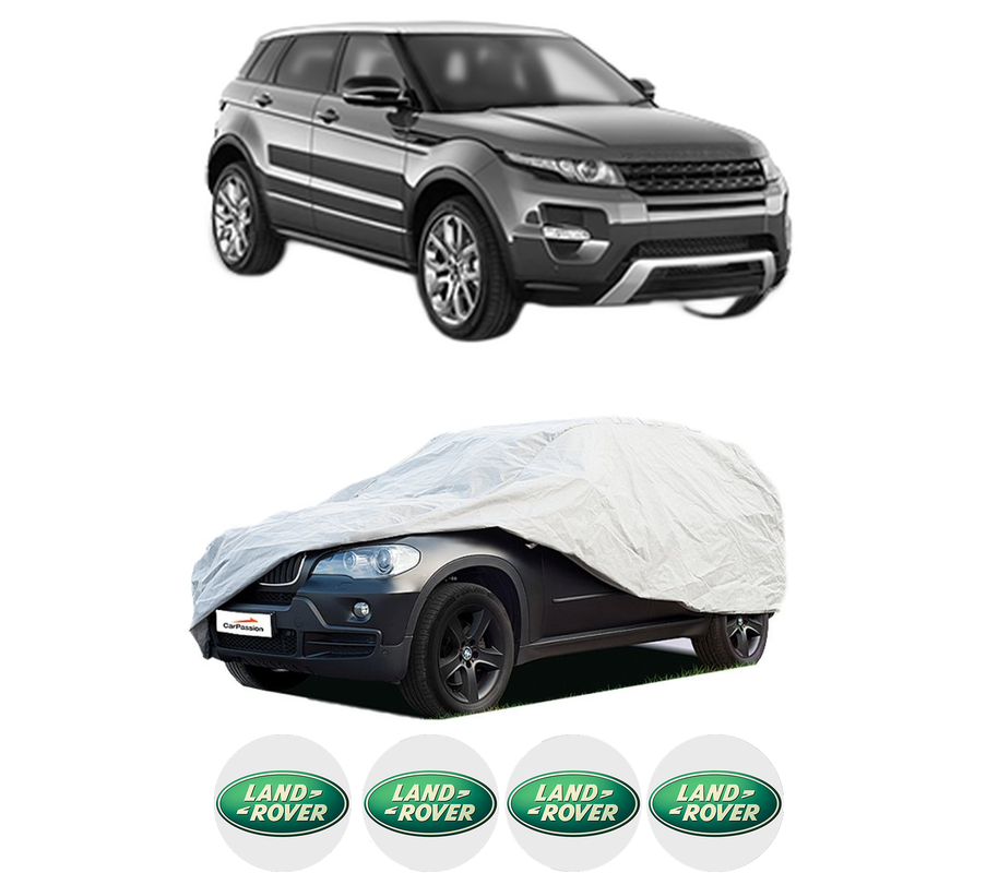 Husa tip prelata auto pentru LAND ROVER RANGE ROVER EVOQUE (L538) din 2011-2019, Culoare Gri, material textil impermeabil, rezistanta la intemperii praf UV, CARPASSION Husa Protectie, 4 Stickere auto cu LAND ROVER