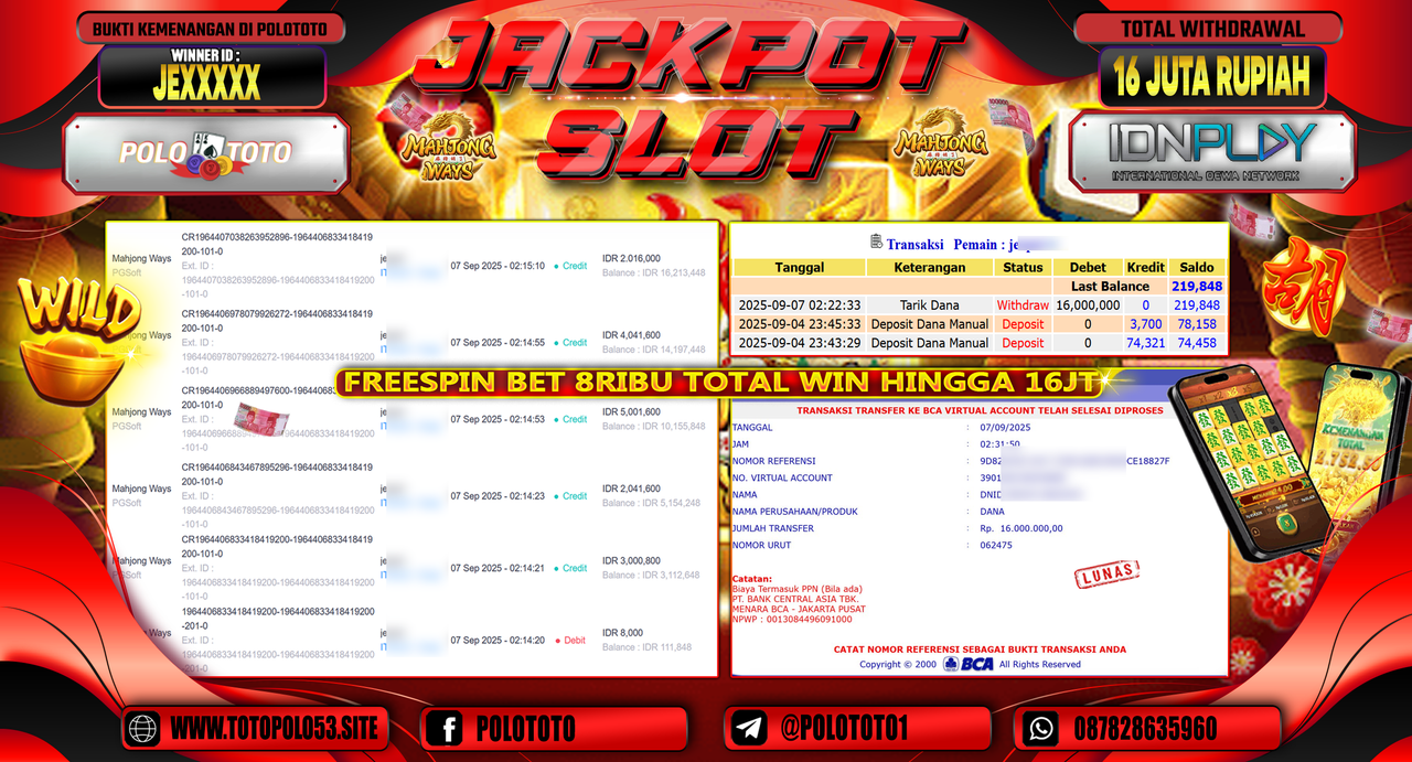 POLOTOTO JACKPOT SLOT MAHJONG WAYS Rp.16.000.000,-