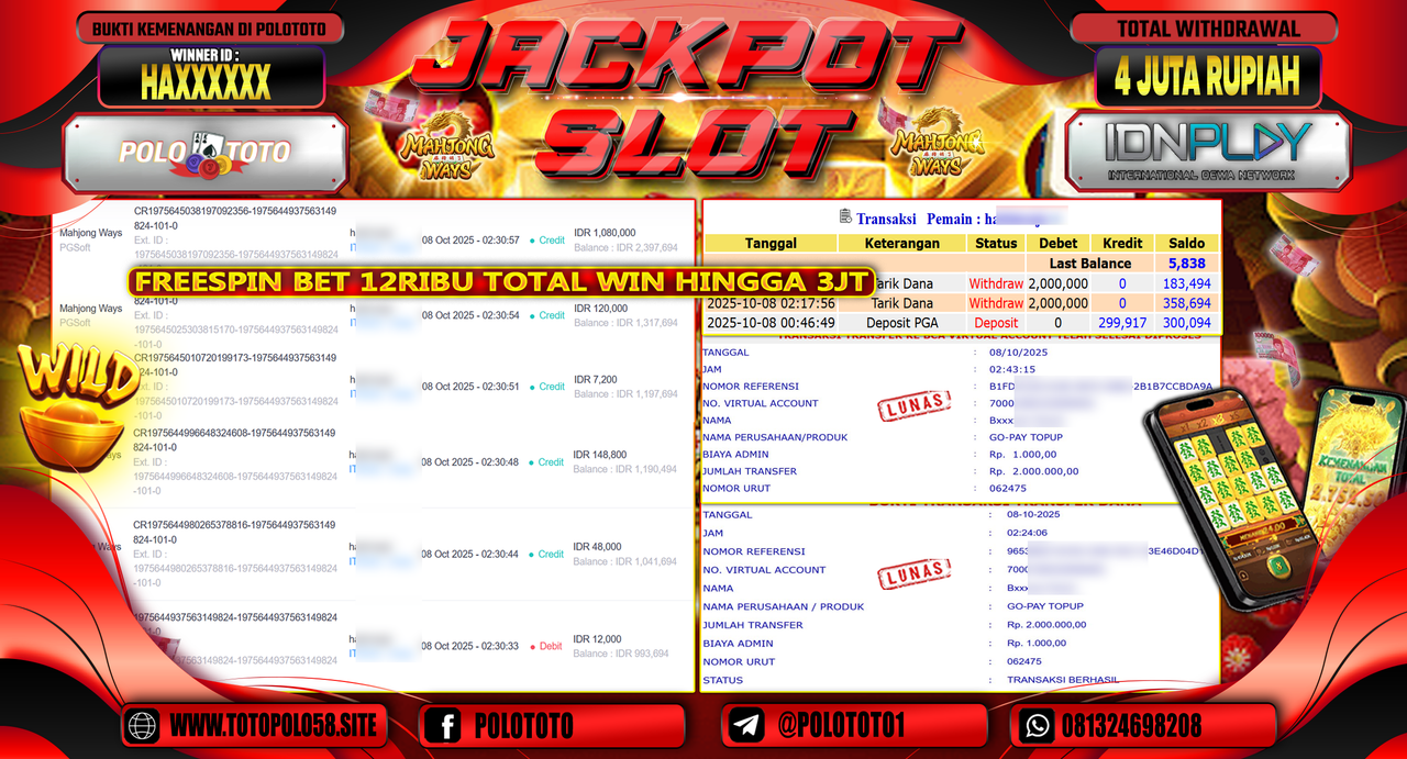 POLOTOTO JACKPOT SLOT MAHJONG WAYS Rp.4.000.000,- LUNAS