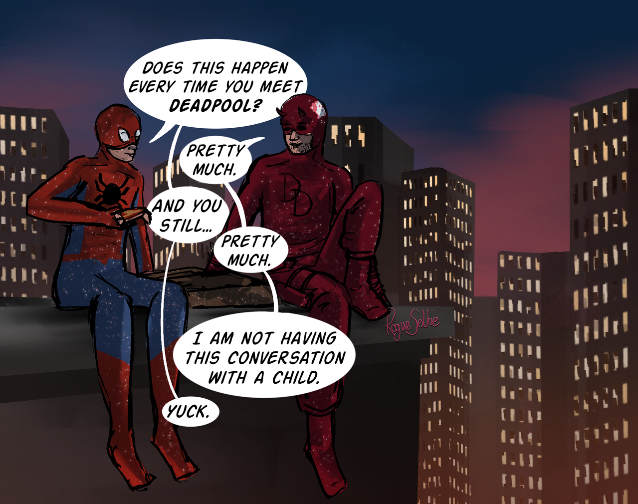 DD and SM sitting on a wall eating pizza, covered in glitter