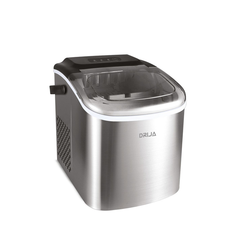 Fabricador de hielo portátil Drija FH12 en acabado de acero inoxidable.