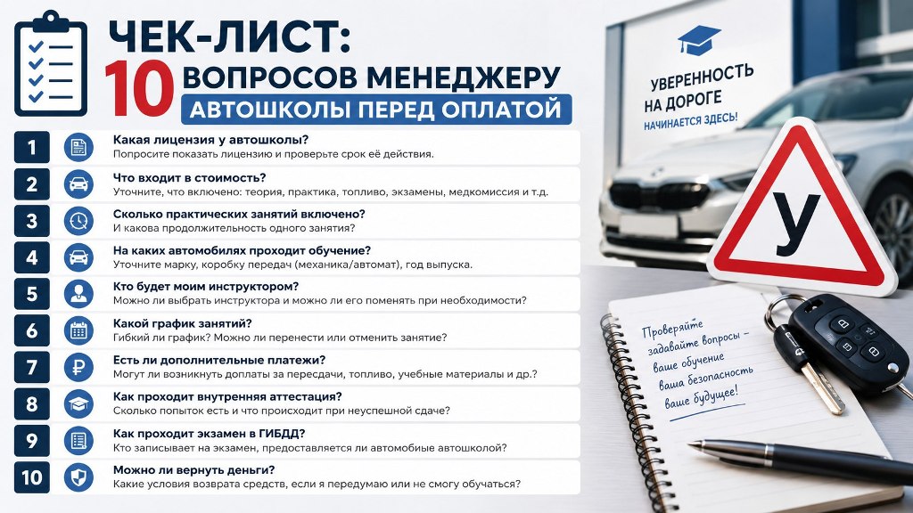 Чек-лист: 10 вопросов менеджеру автошколы перед оплатой