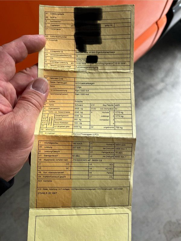 Dodge RAM 1500 Zulassungsschein