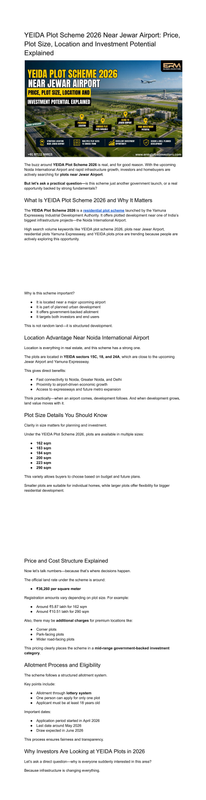 YEIDA Plot Scheme 2026 Near Jewar Airport Price Plot Size Location and Investment Potential Expla