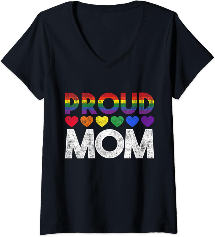 Proud Mom Rainbow Hearts Quote Design For LGBT Ladies’ V-Neck Tshirt