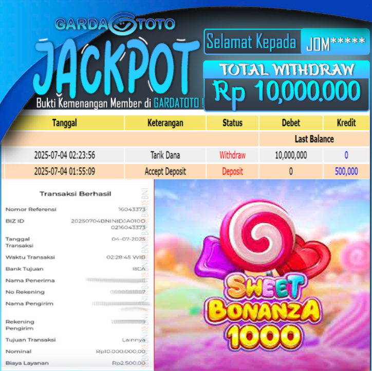JACKPOT DI PERMAINAN SLOT SWEET BONANZA 1000 WD Rp 10.000.000,- DIBAYAR LUNAS GARDATOTO MANTAP !