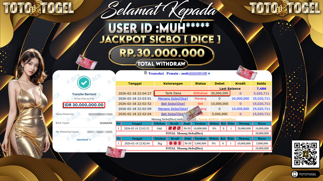 Bukti Pembayaran Jackpot Permainan Live Game Sicbo [ Dice ] ID:MUH*****LUNAS