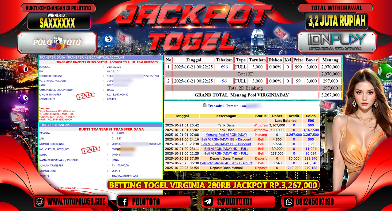 POLOTOTO JACKPOT TOGEL VIRGINIADAY Rp.3.267.000,-