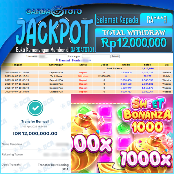 JACKPOT SLOT MAIN DI SLOT SWEET BONANZA 1000 WD Rp 12.000.000,- DIBAYAR LUNAS GARDATOTO MANTAP !