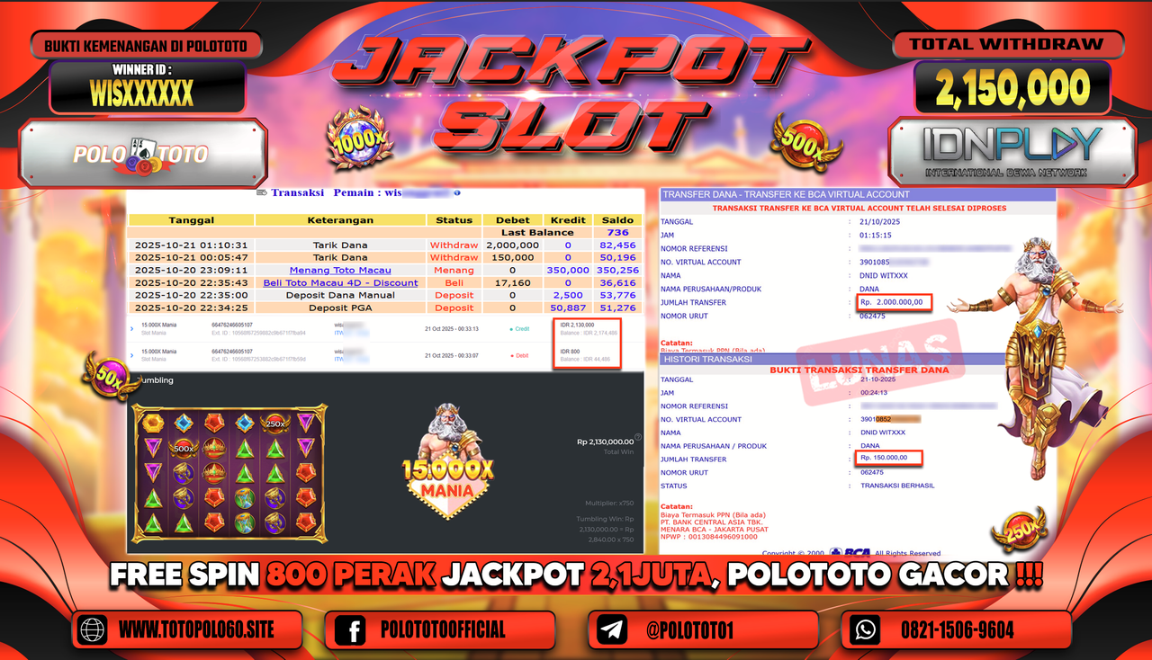 POLOTOTO JACKPOT SLOT 15.000X MANIA Rp.2.150.000,-