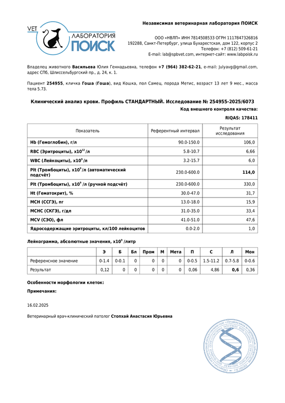 Клинический анализ крови. Профиль СТАНДАРТ 254955-20256073