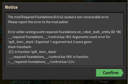 factorio required foundations mod crash when blueprint
