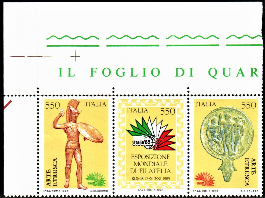 francobollo italia 1984 francobolli trittico 1984 arte trusca esposizione internazionale di filatelia roma  repubblica italiana nuovo nuovi