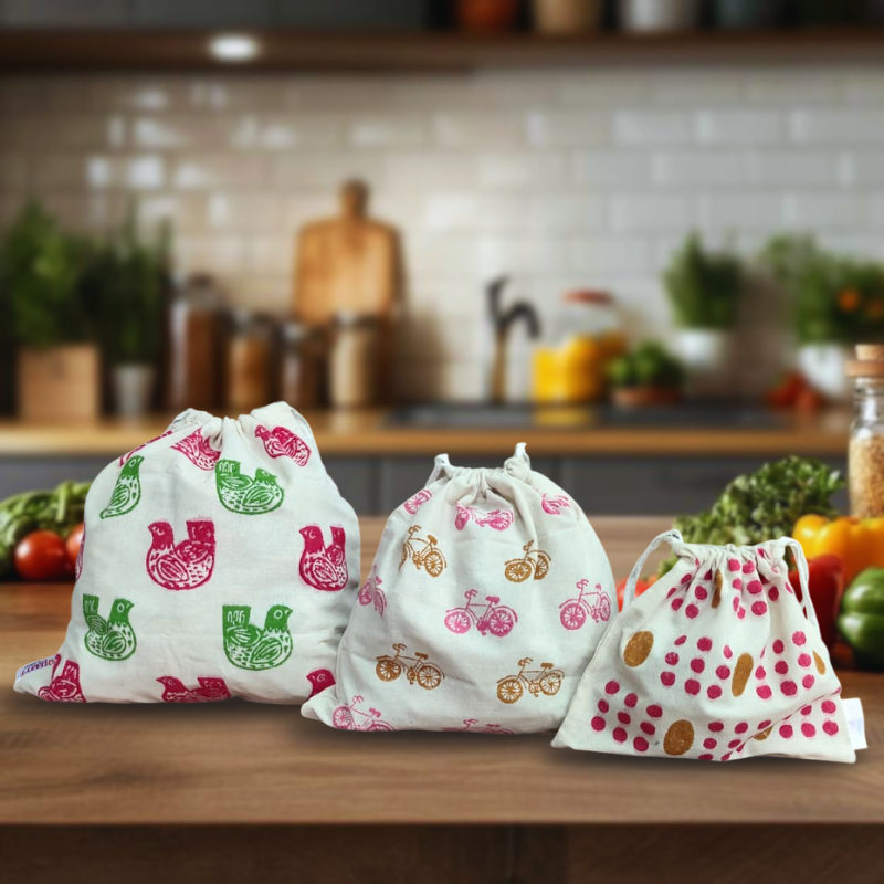 Reusable Hand Block Printed Fridge Bags (Set of 3) Pattern -5